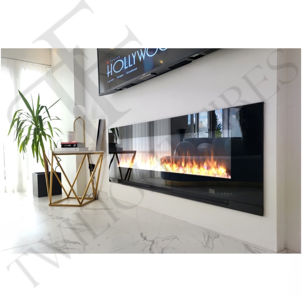 Aurora 50 Inch Media Wall Electric Fire Insert with a black glass finish and realistic flame effect in a modern room.