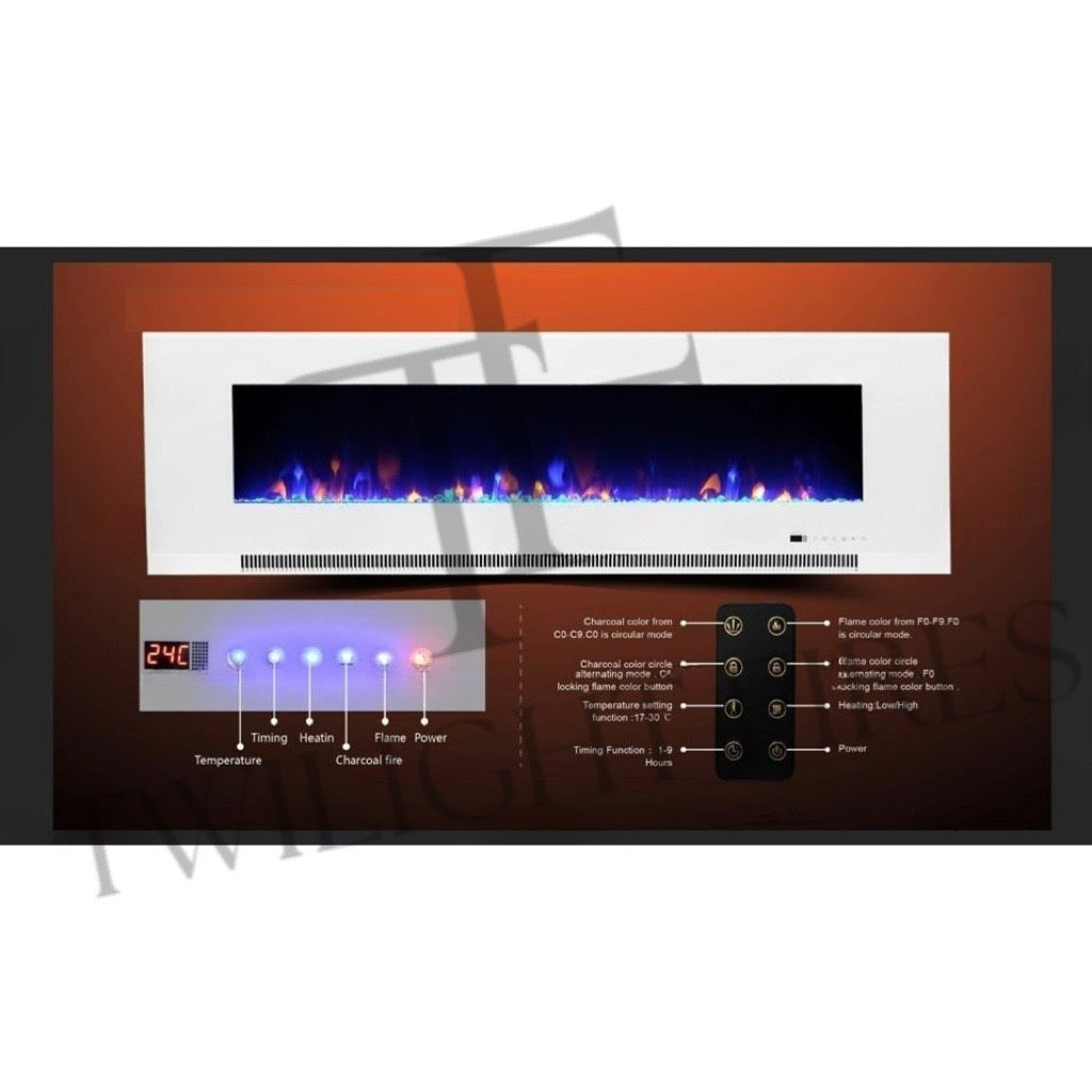 Aurora 60 Inch Media Wall Electric Fire Insert with white frame, blue flame effect, and digital control panel diagram.