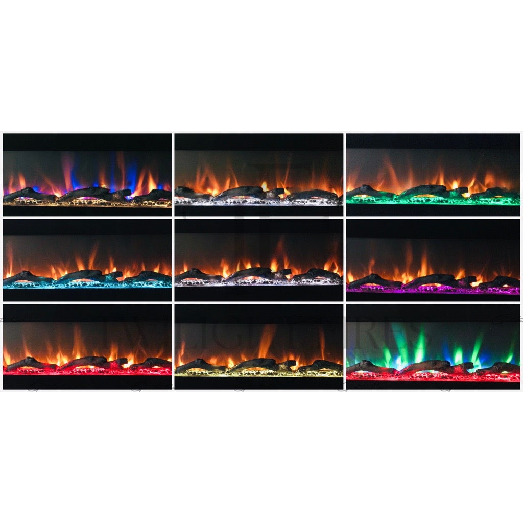 Aurora 60 Inch Media Wall Electric Fire Insert showing nine variations of multi-coloured flame and fuel bed lighting.