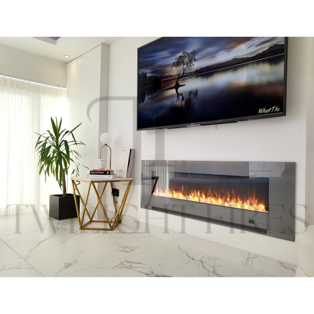Aurora 60 Inch Media Wall Electric Fire Insert with a sleek grey glass finish and realistic orange flame effect.
