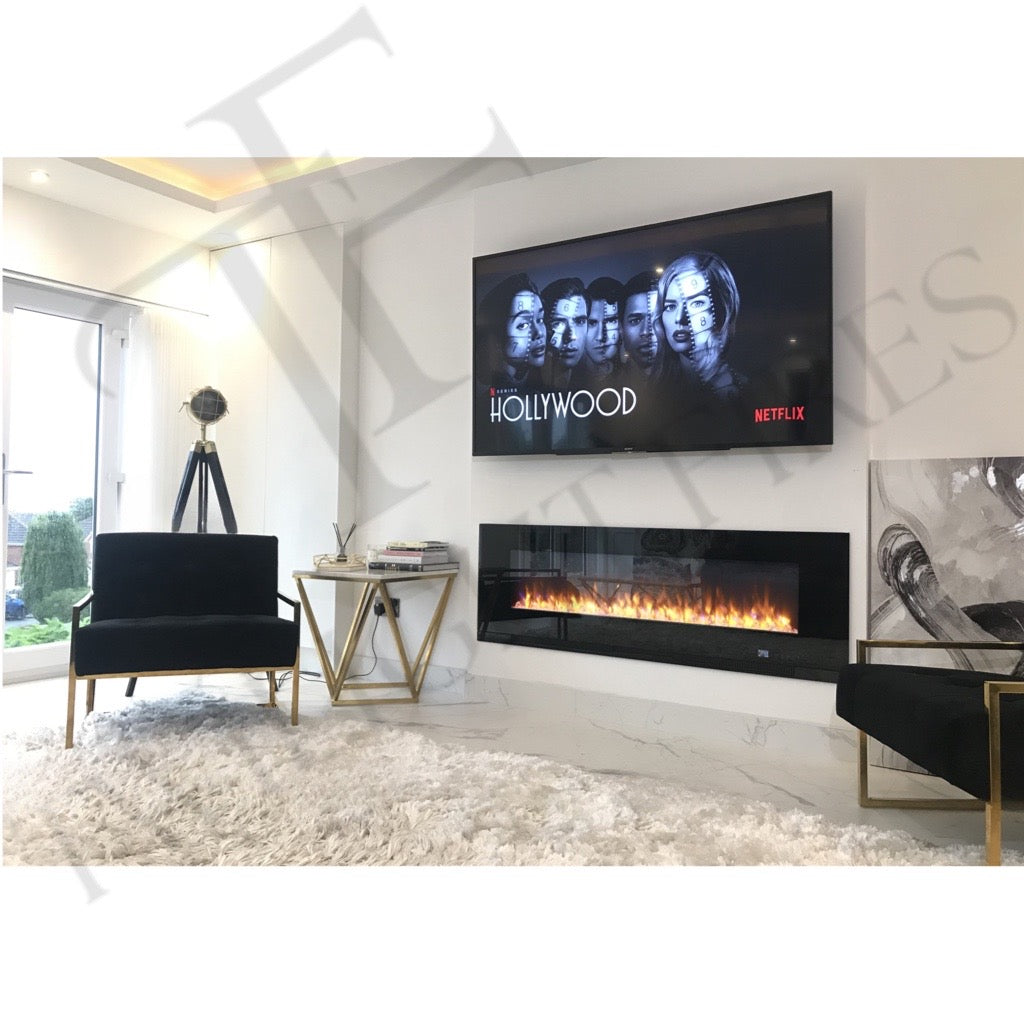 Aurora 60 Inch Media Wall Electric Fire Insert with a black glass finish, glowing flames, and a wall-mounted TV above.