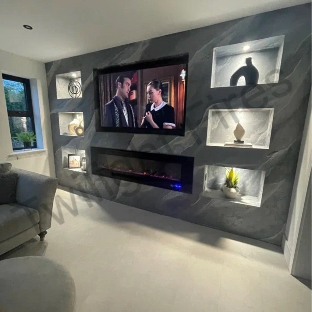 Aurora 72 Inch Media Wall Electric Fire Insert set in a grey marble-effect wall with illuminated recessed shelving.