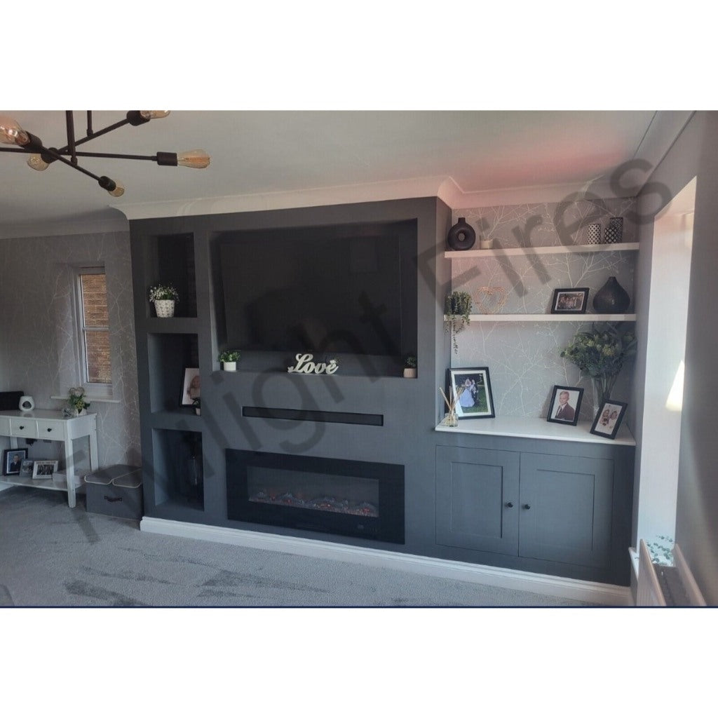 Aurora 72 Inch Media Wall Electric Fire Insert in a dark grey built-in unit with shelving and a mounted television.