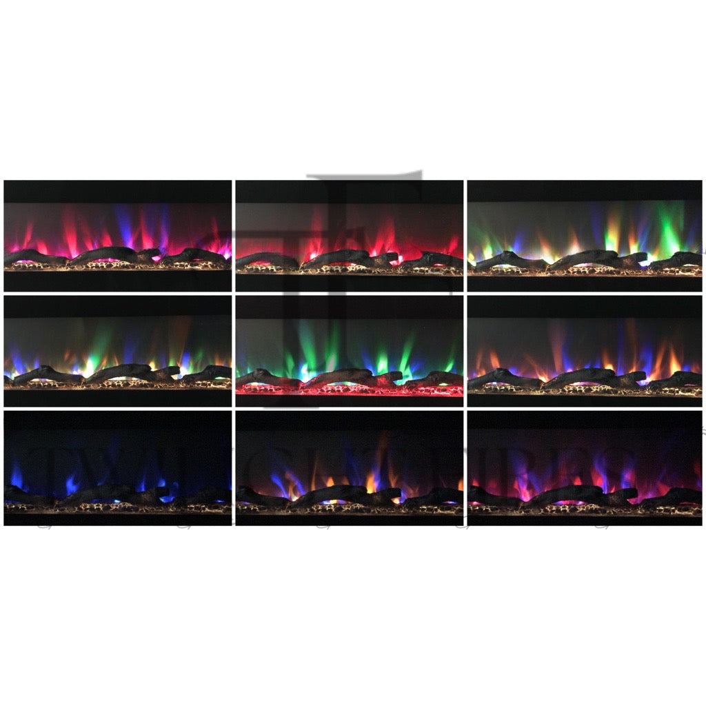 Aurora 72 Inch Media Wall Electric Fire Insert showing nine variations of multi-coloured LED flame effects and logs.