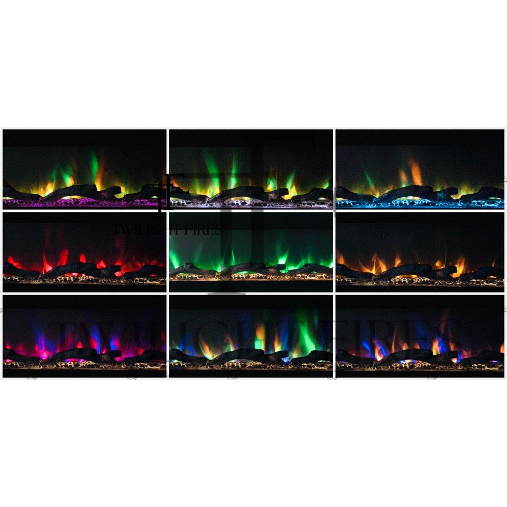 Aurora 72 Inch Media Wall Electric Fire Insert showing nine variations of multi-coloured LED flame effects and logs.