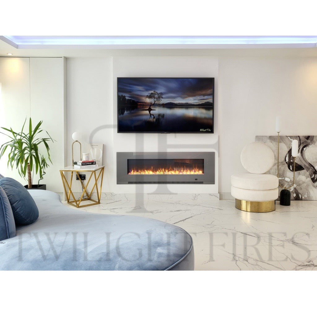 Aurora 72 Inch Media Wall Electric Fire Insert with a sleek grey frame, glowing orange flames, and wall-mounted TV.