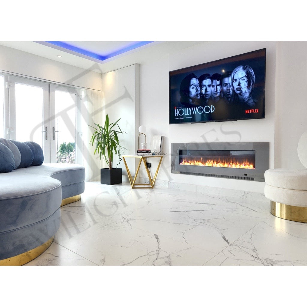 Aurora 72 Inch Media Wall Electric Fire Insert with a sleek grey frame, mounted below a wall-mounted television.