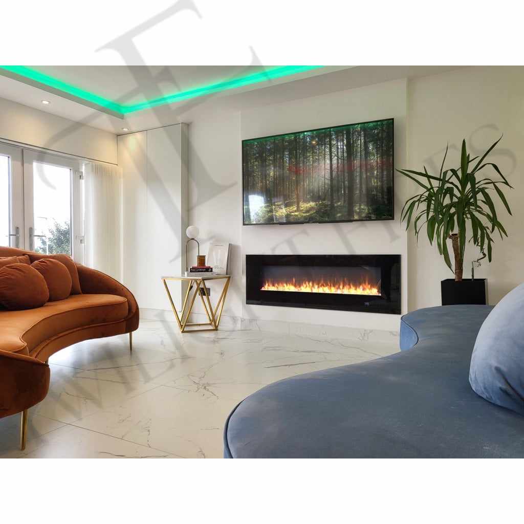 Aurora 78 Inch Media Wall Electric Fire Insert with a black glass frame, set into a white wall below a wall-mounted TV.