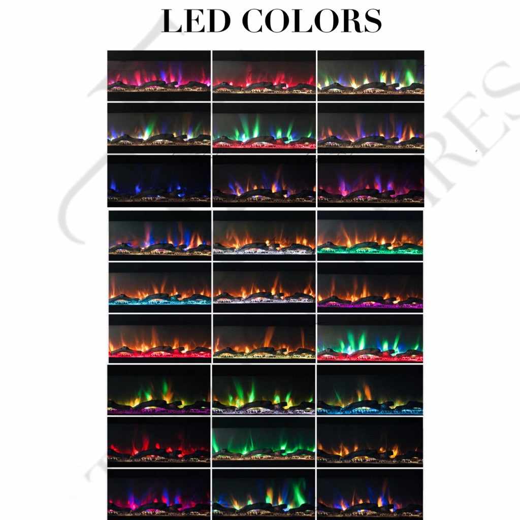 Aurora 78 Inch Media Wall Electric Fire Insert showing a grid of various multicoloured LED flame effect settings.