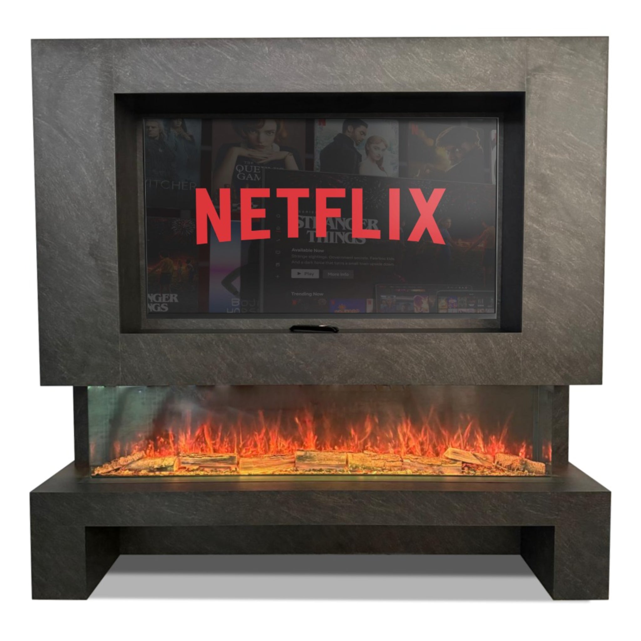 Austin 62" media wall fireplace in dark grey stone effect with a built-in TV and wide electric log fire display.
