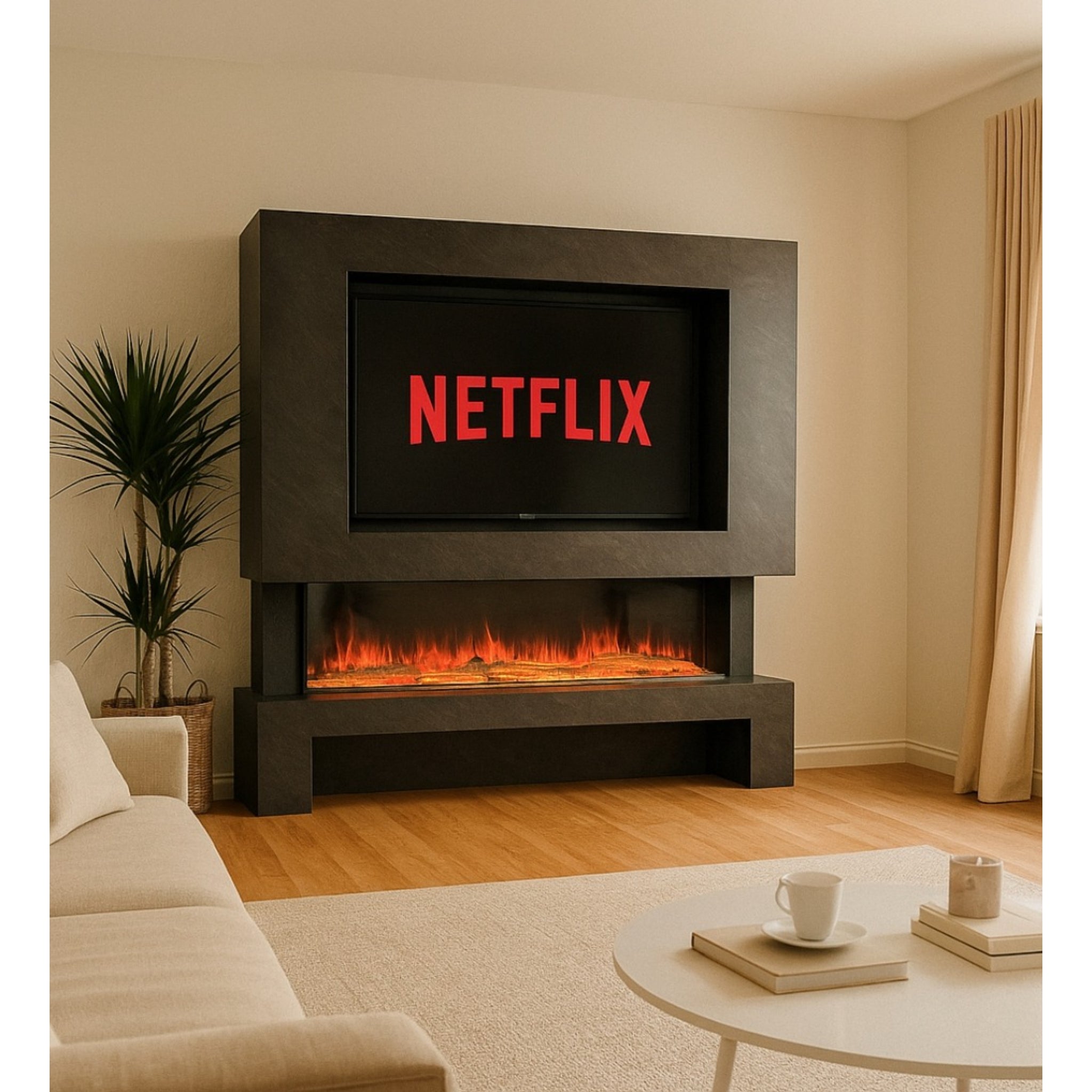 Austin 62" media wall fireplace with a dark grey slate-effect finish, integrated TV, and glowing electric flame effect.