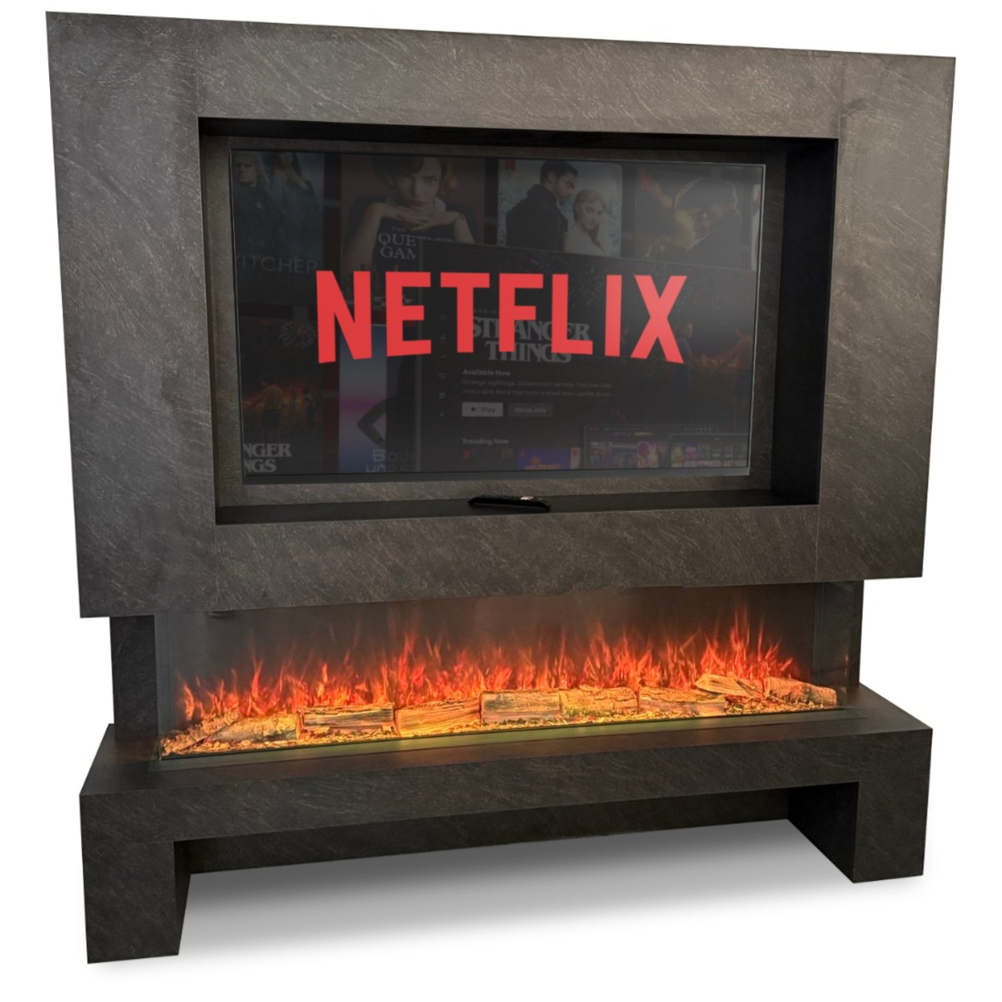 Austin 62" media wall with a dark grey slate-effect finish, integrated TV recess, and glowing electric log fireplace.