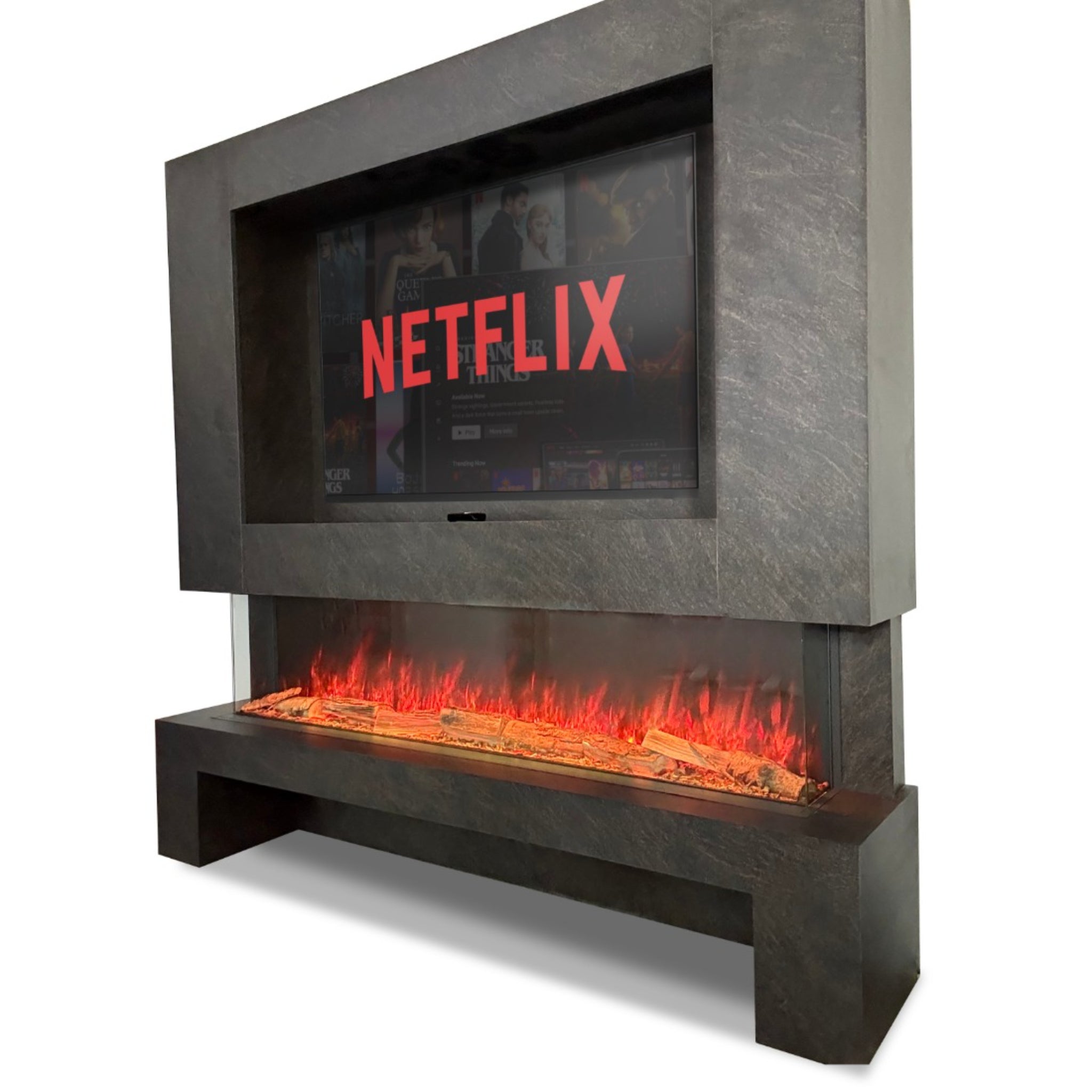 Austin 62" media wall with a dark grey stone-effect finish, integrated TV recess, and a glowing electric log fire.