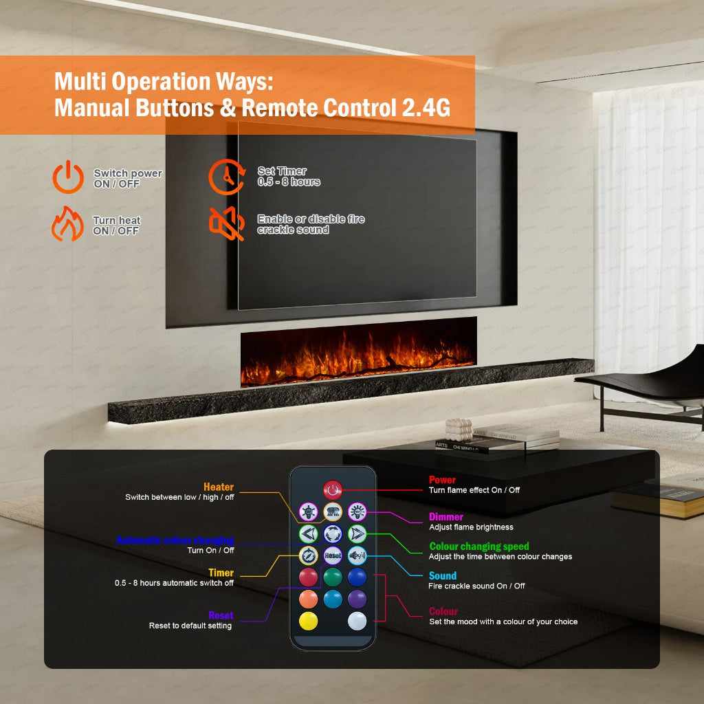 Borderless full glass media wall electric fire showing remote control functions and flame settings in a modern room.