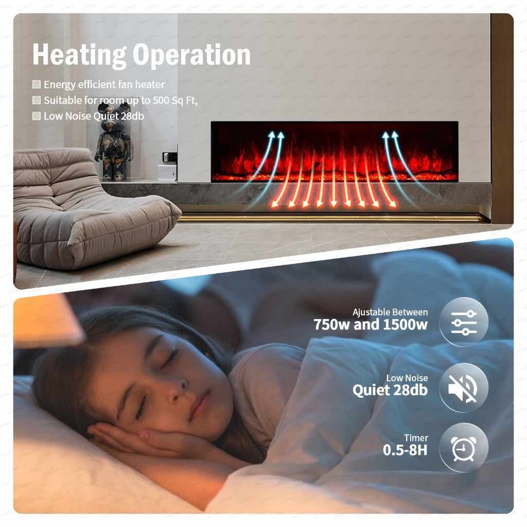 Borderless full glass media wall electric fire showing heating operation, flame effects, and quiet night-time use.