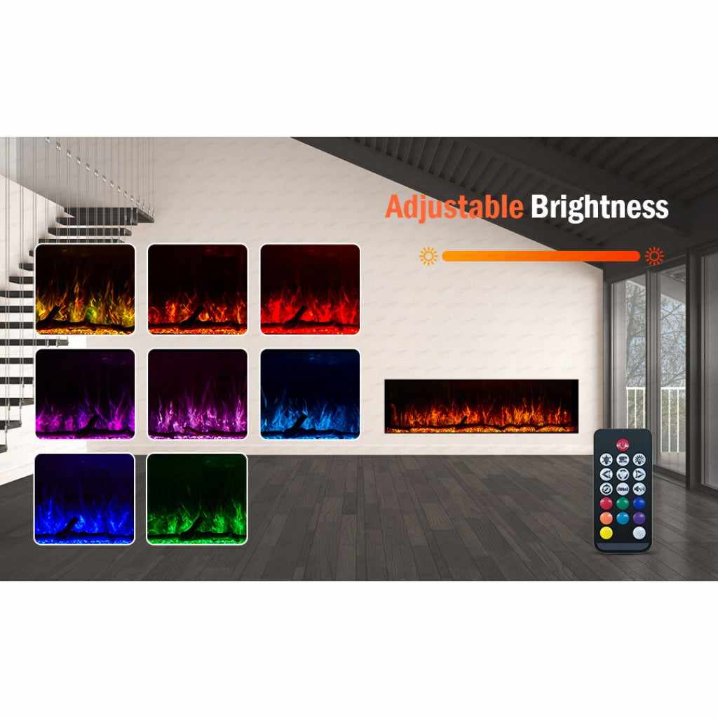 Borderless full glass media wall electric fire showing various LED flame colour options and remote control settings.