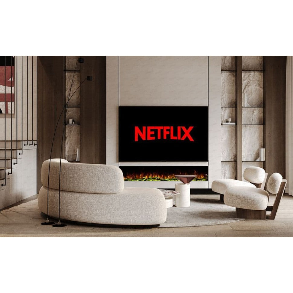 Borderless full glass electric fire recessed in a modern living room wall beneath a television screen.