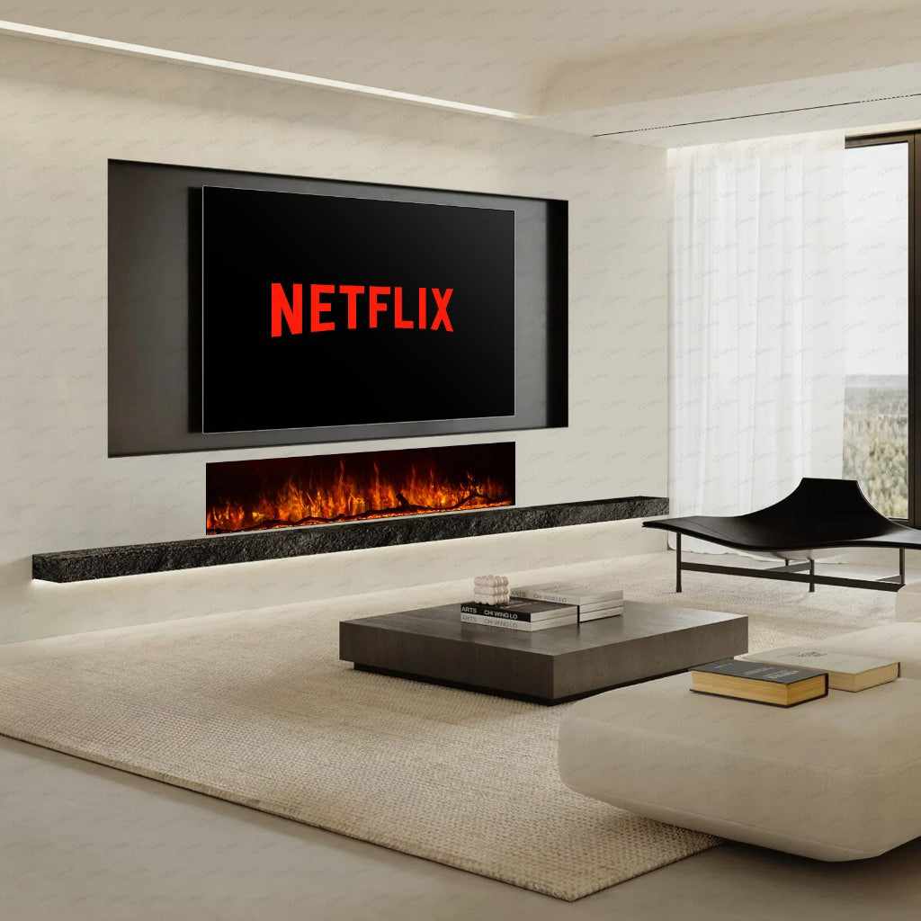 Borderless full glass electric fire recessed into a white wall below a wall-mounted television.