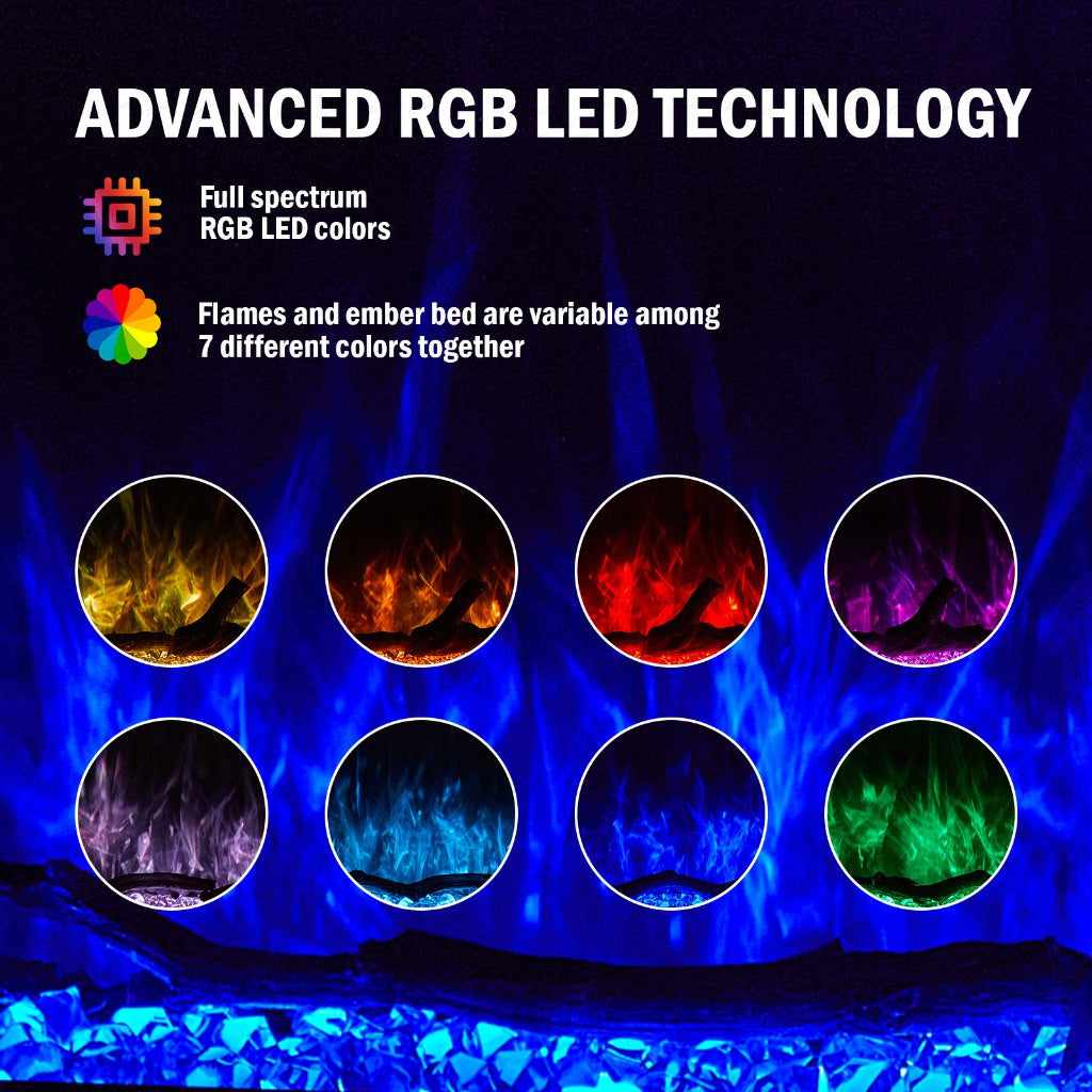 Eight circular insets showing the Borderless Full Glass Media Wall Electric Fire with seven different RGB flame colours.