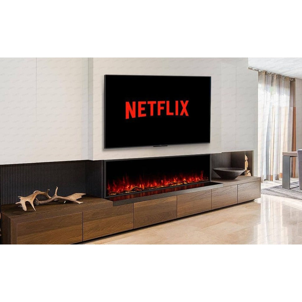 Borderless full glass electric fire recessed in a modern media wall with a mounted TV and wooden cabinetry.