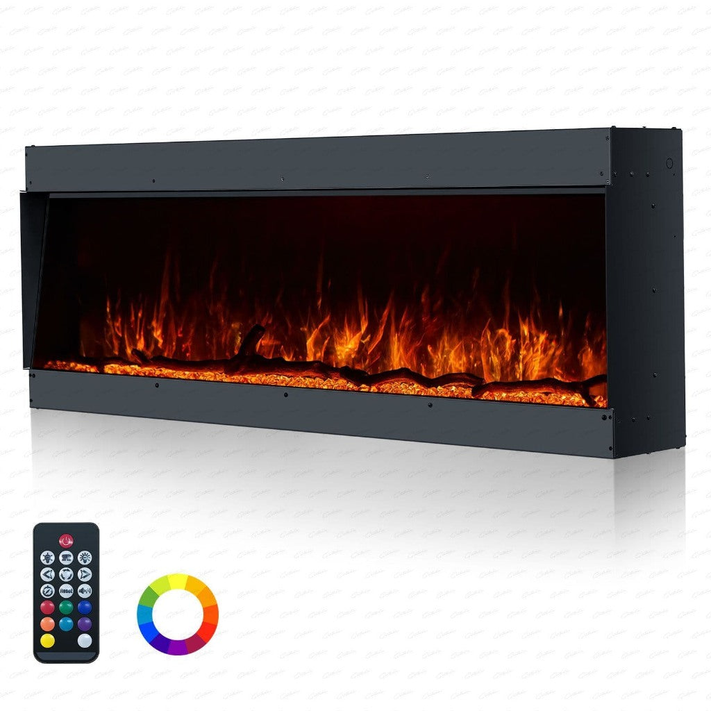 Borderless full glass media wall electric fire with orange flames, log fuel bed, and a remote control with colour wheel.