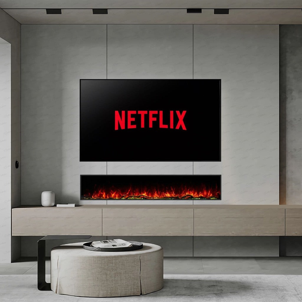 Borderless full glass electric fire recessed into a grey panelled wall below a wall-mounted television.