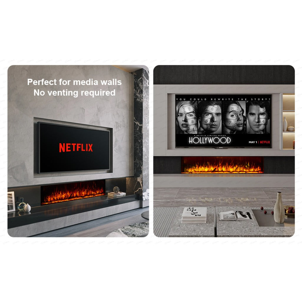 Borderless full glass electric fire recessed into modern media walls with realistic orange LED flames.