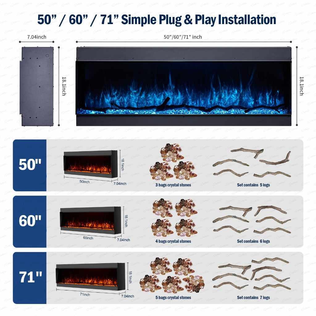Borderless Full Glass Media Wall Electric Fire showing 50, 60, and 71-inch size options with crystal stones and log sets.