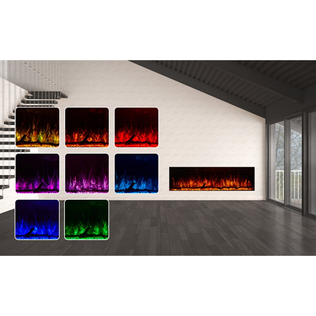 Borderless full glass electric fireplace recessed in a white wall, showing various LED flame colour options.