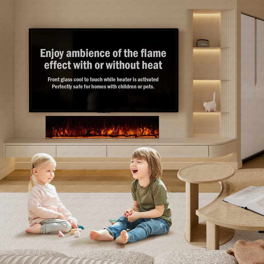 Borderless full glass electric fire with orange flames recessed in a wall below a TV, with children playing nearby.