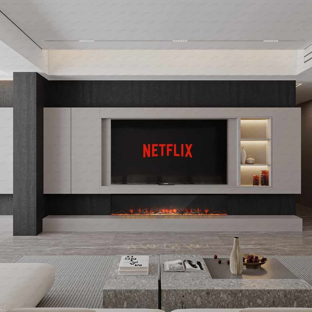 Borderless full glass electric fire recessed into a modern grey and black media wall with a mounted television.