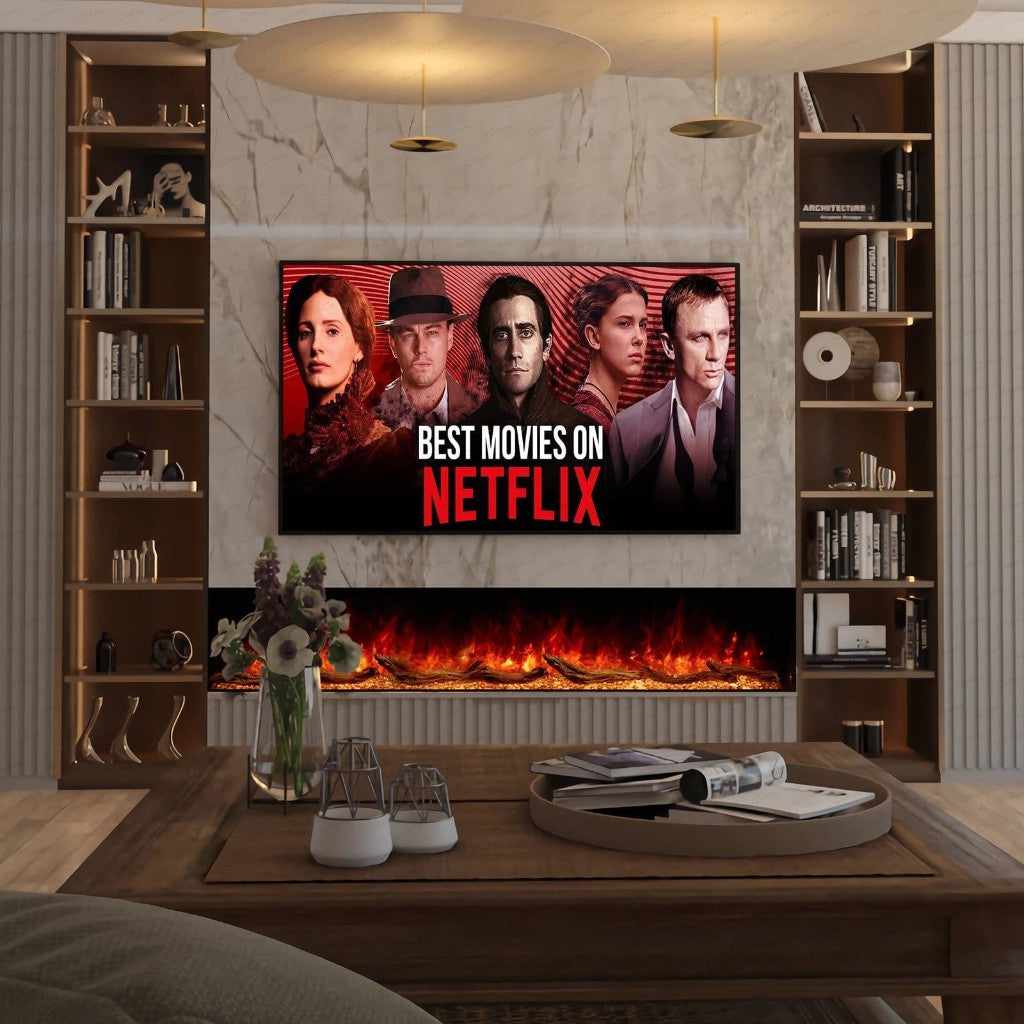 Cullinan 3D LED Panoramic Media Wall Electric Fire with realistic glowing logs set in a marble-effect feature wall.