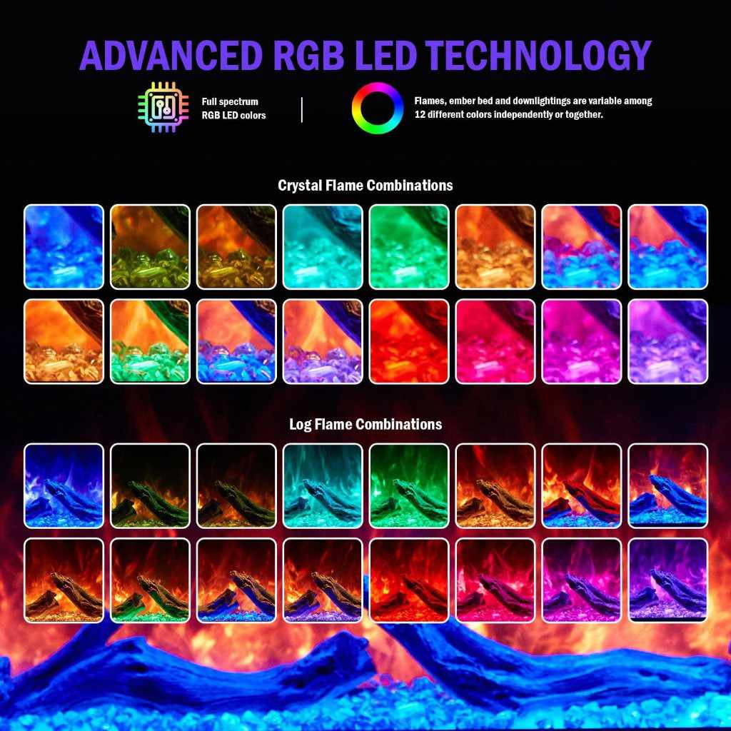 Cullinan 3D LED Panoramic Media Wall showing various RGB colour combinations for crystal and log flame effects.