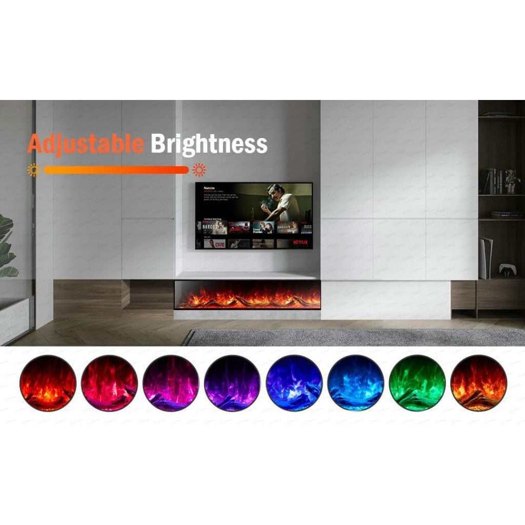 Cullinan 3D LED Panoramic Media Wall Electric Fire with adjustable brightness and eight multi-coloured flame settings.