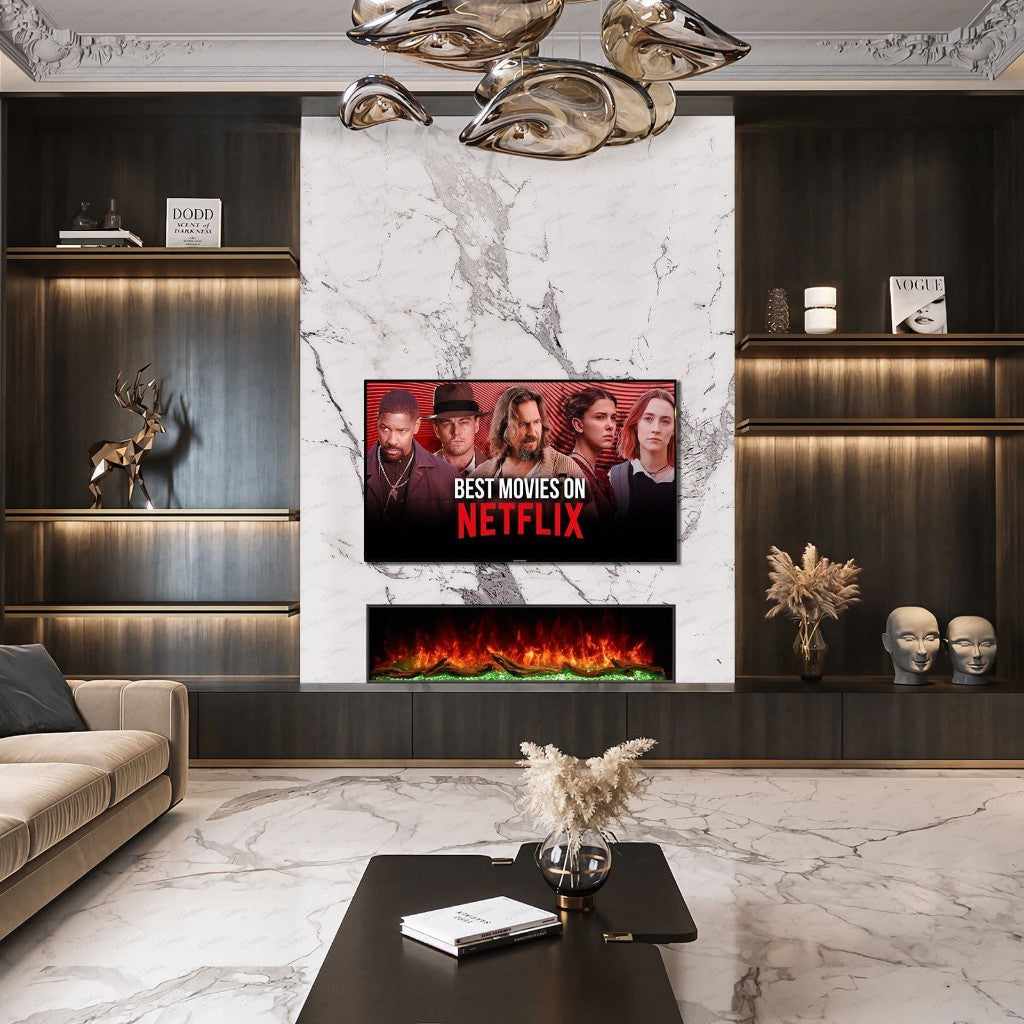 Cullinan 3D LED Panoramic Media Wall Electric Fire Insert set into a white marble feature wall with glowing flames.