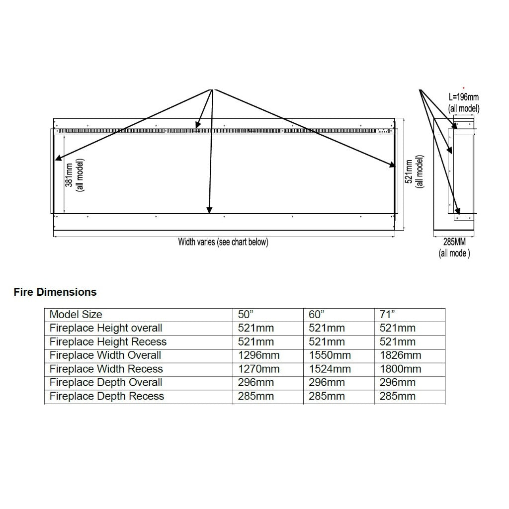 Technical line drawing and dimension table for the Cullinan 3D LED Panoramic Media Wall Electric Fire Insert.