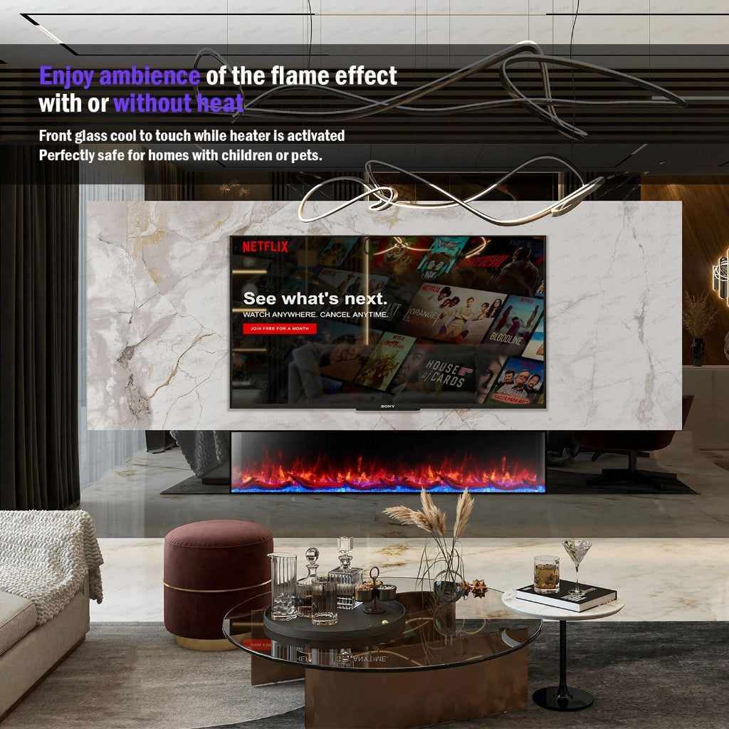 Cullinan 3D LED Panoramic Media Wall Electric Fire Insert with vibrant flames set in a marble-effect feature wall.