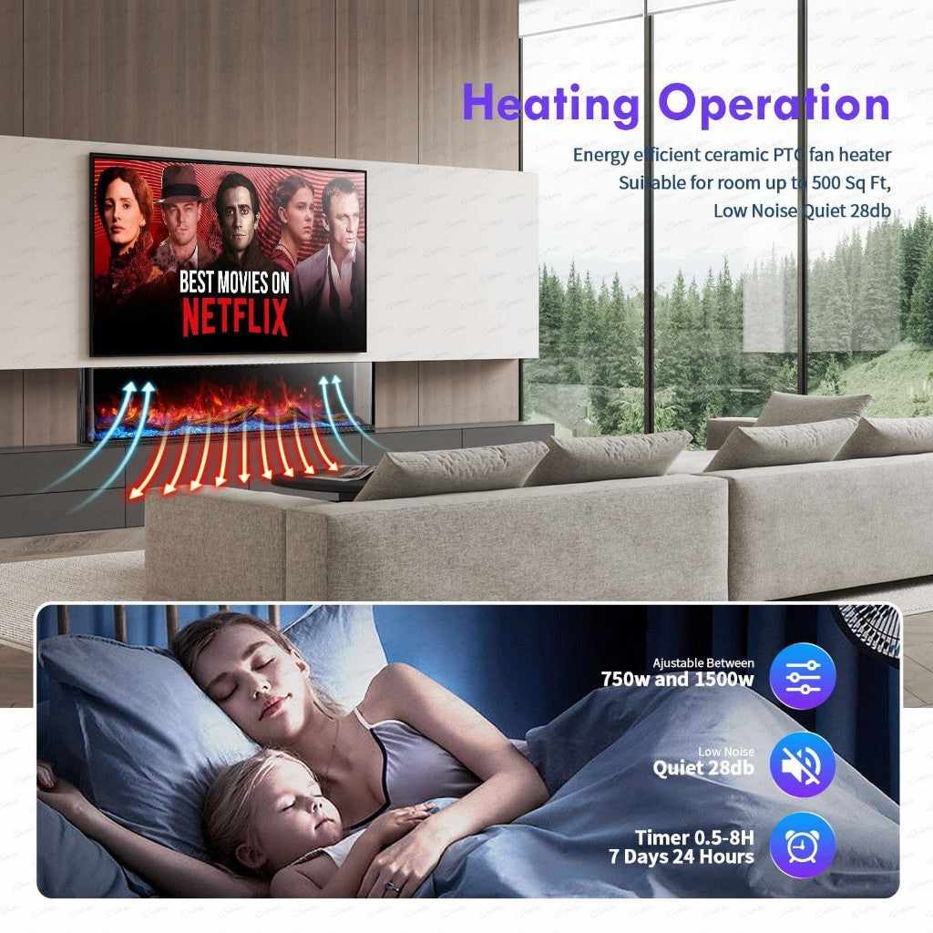 Cullinan 3D LED Panoramic Media Wall Electric Fire Insert showing heat output in a modern living room and bedroom.