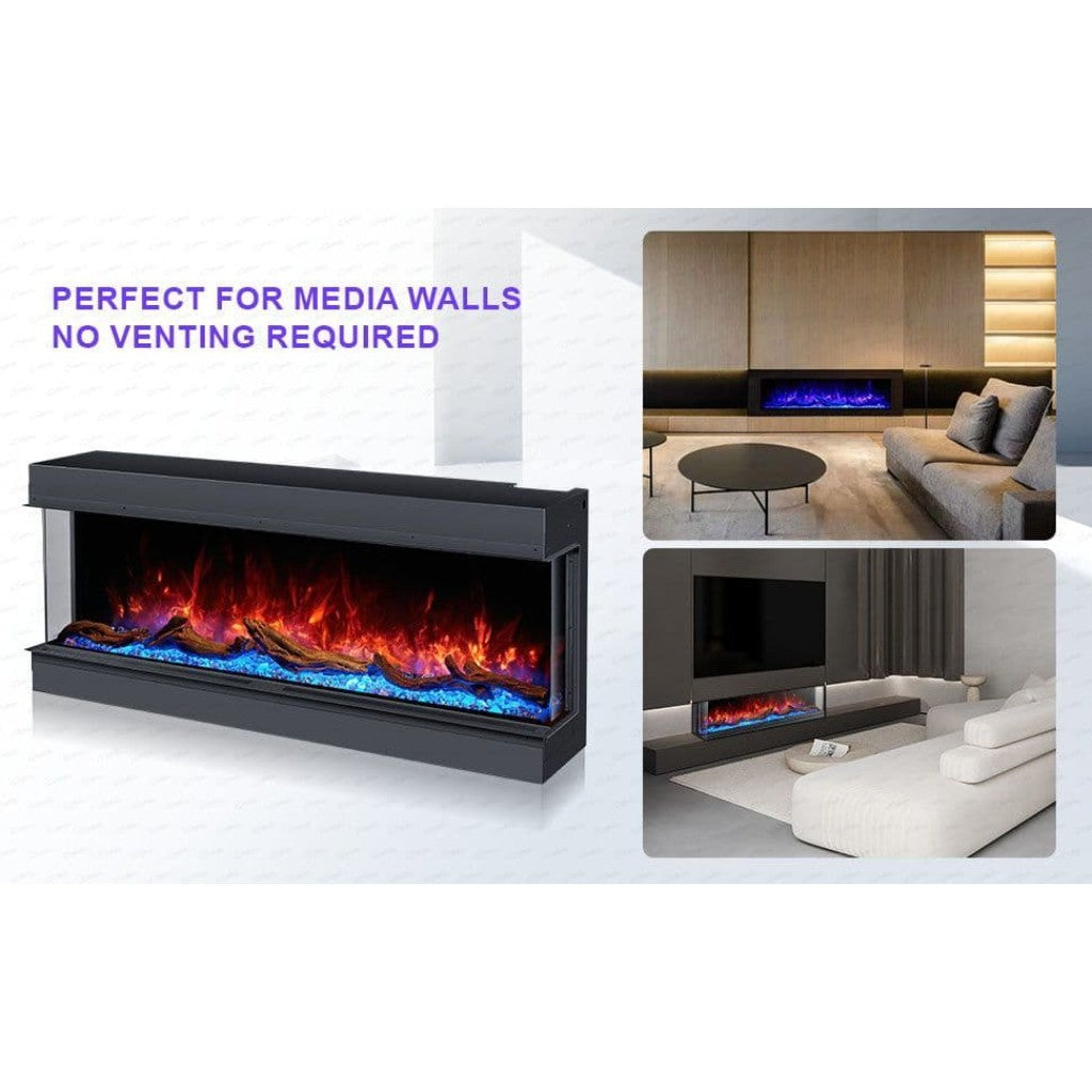 Cullinan 3D LED Panoramic Media Wall Electric Fire with realistic flames and blue crystal fuel bed in modern interiors.