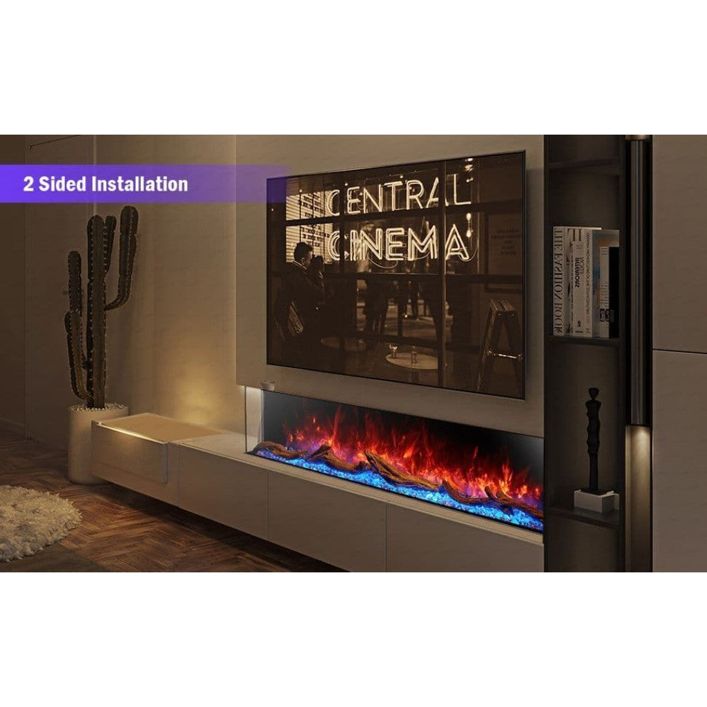 Cullinan 3D LED Panoramic Media Wall Electric Fire in a two-sided installation with realistic logs and blue embers.