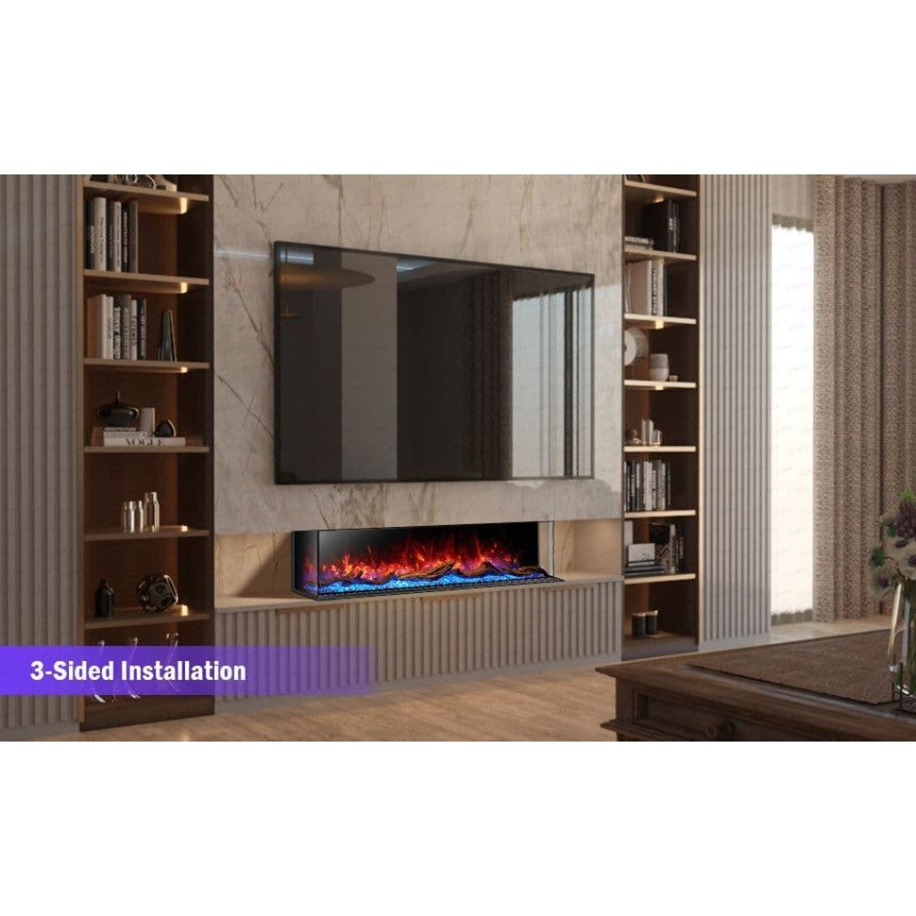 Cullinan 3D LED Panoramic Media Wall Electric Fire Insert in a modern living room with a 3-sided glass installation.