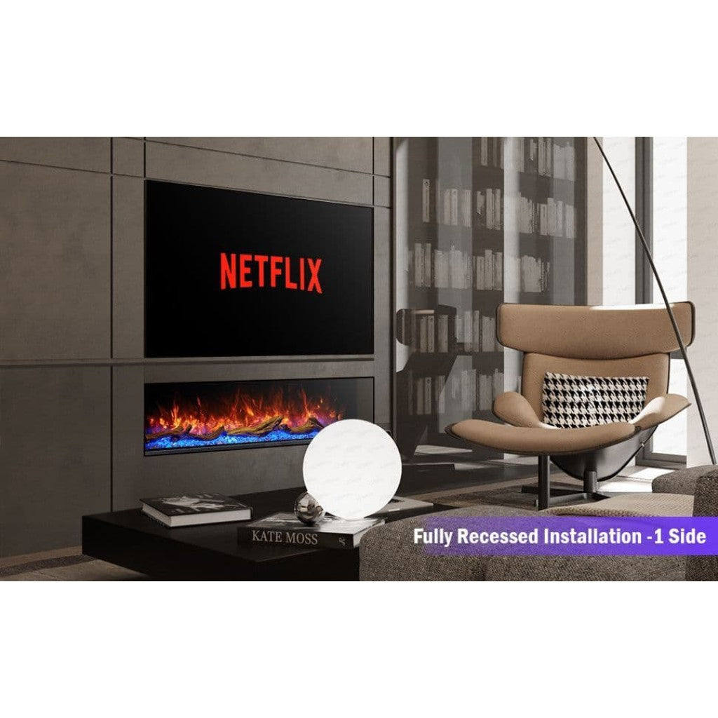 Cullinan 3D LED electric fire with orange and blue flames, recessed into a grey media wall below a television.