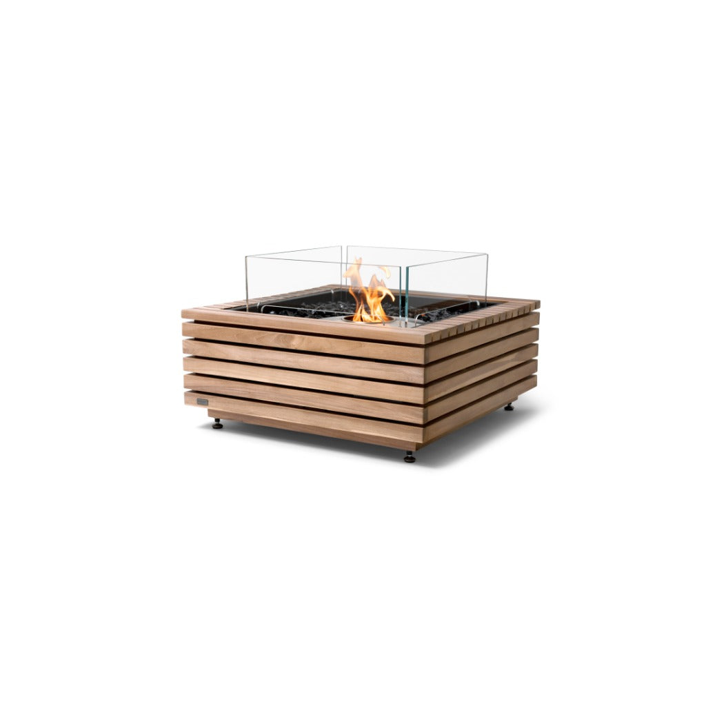 EcoSmart Fire Base 30 bioethanol fire pit with a slatted teak wood frame, glass screen, and central flame.