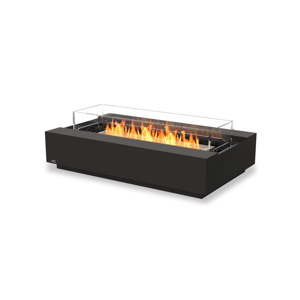EcoSmart Fire Cosmo 50 bioethanol fire pit table in black with a glass fire screen and glowing orange flames.