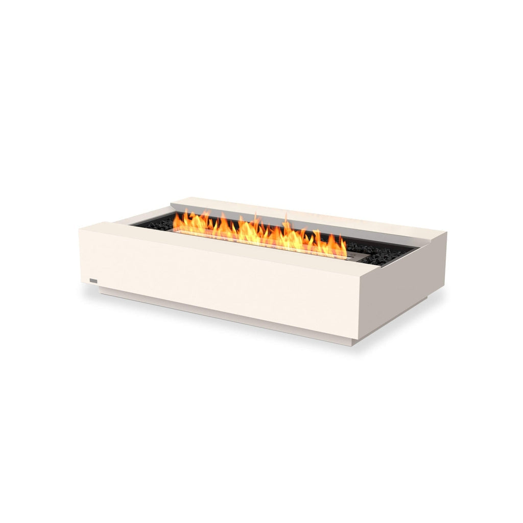 EcoSmart Fire Cosmo 50 bioethanol fire pit table in white with a central flame and black decorative stones.