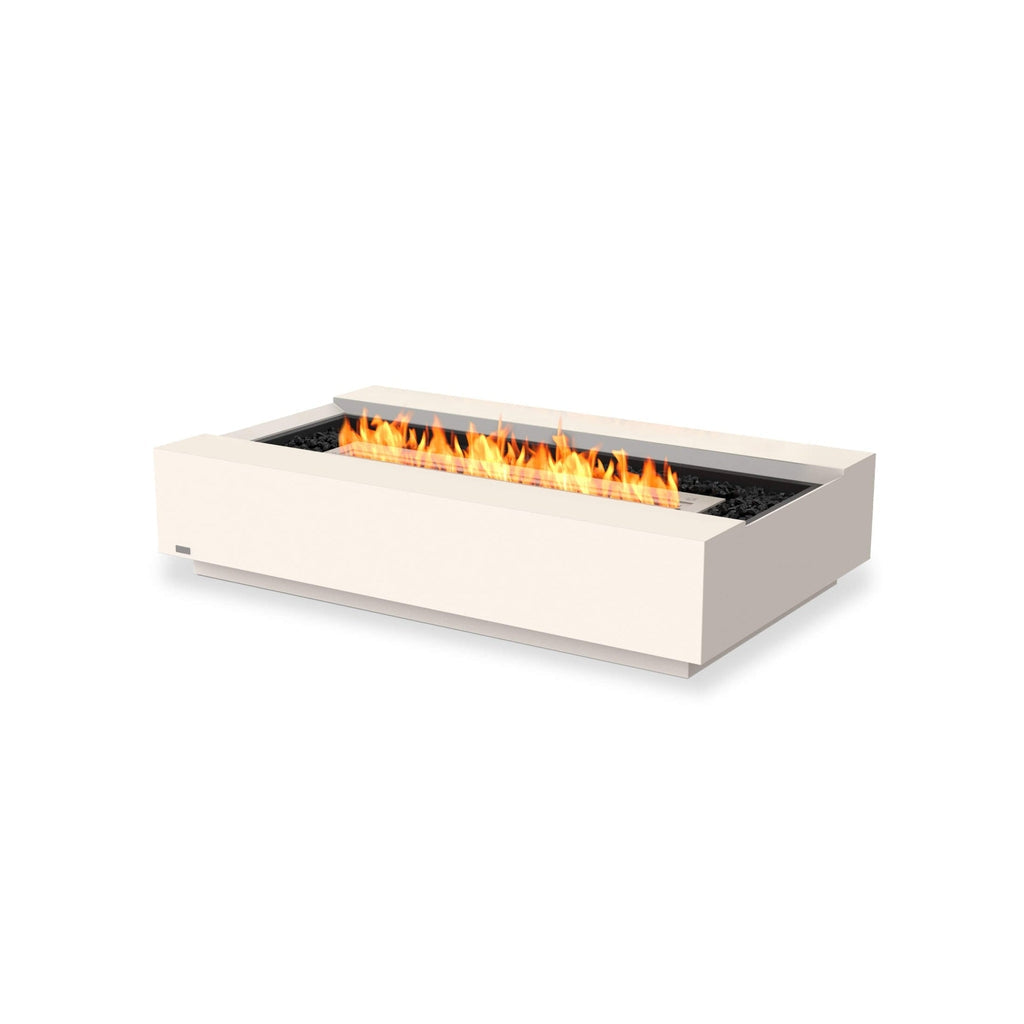 EcoSmart Fire Cosmo 50 bioethanol fire pit table in white with a central linear flame and black decorative stones.