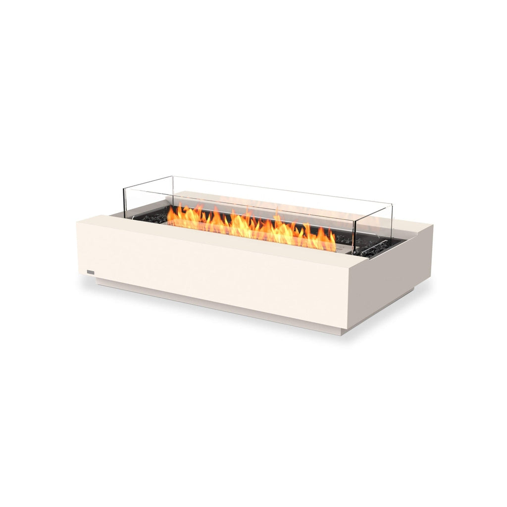 EcoSmart Fire Cosmo 50 bioethanol fire pit table in cream with a glass screen and burning flames on a white background.