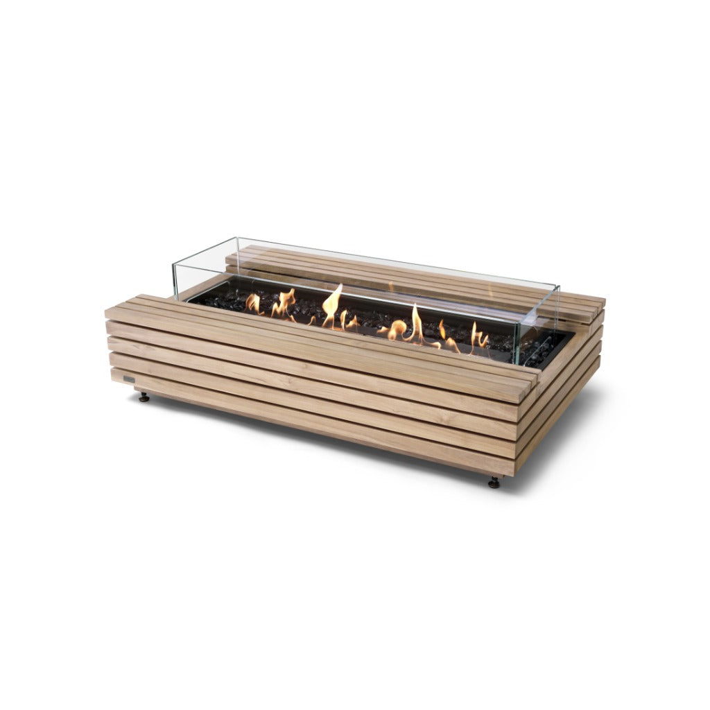 EcoSmart Fire Cosmo 50 bioethanol fire pit with a slatted light wood frame, glass screen, and black fire glass.