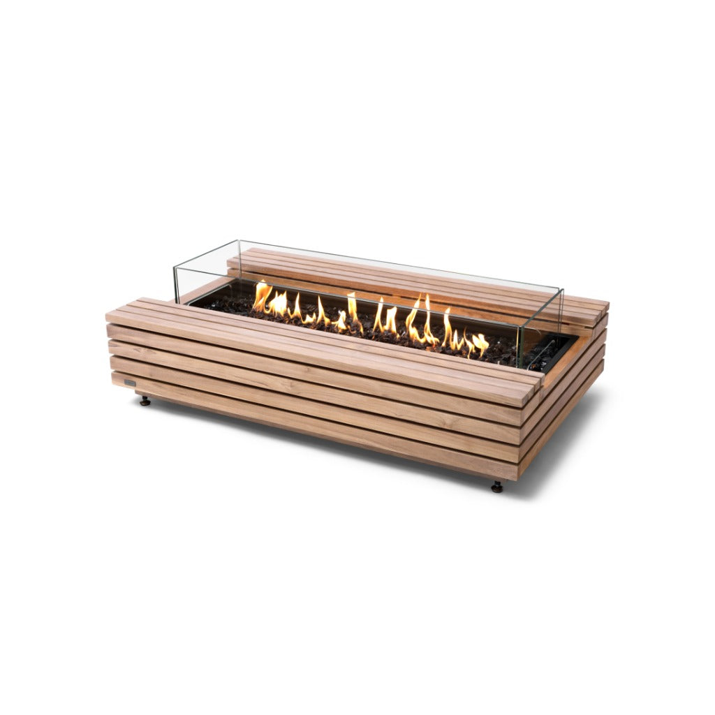 EcoSmart Fire Cosmo 50 bioethanol fire pit table with a slatted teak wood frame and glass wind screen.