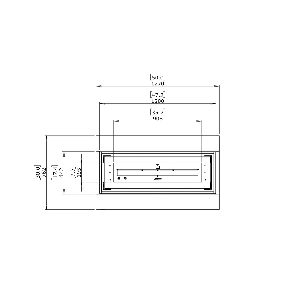 Technical line drawing of the EcoSmart Fire Cosmo 50 Bioethanol Fire Pit Table with top-down dimensions in millimetres.